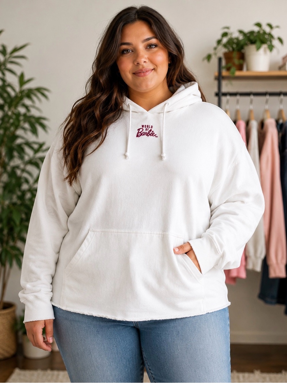 Barbie White Pullover Hoodie with Pink Embroidered Logo